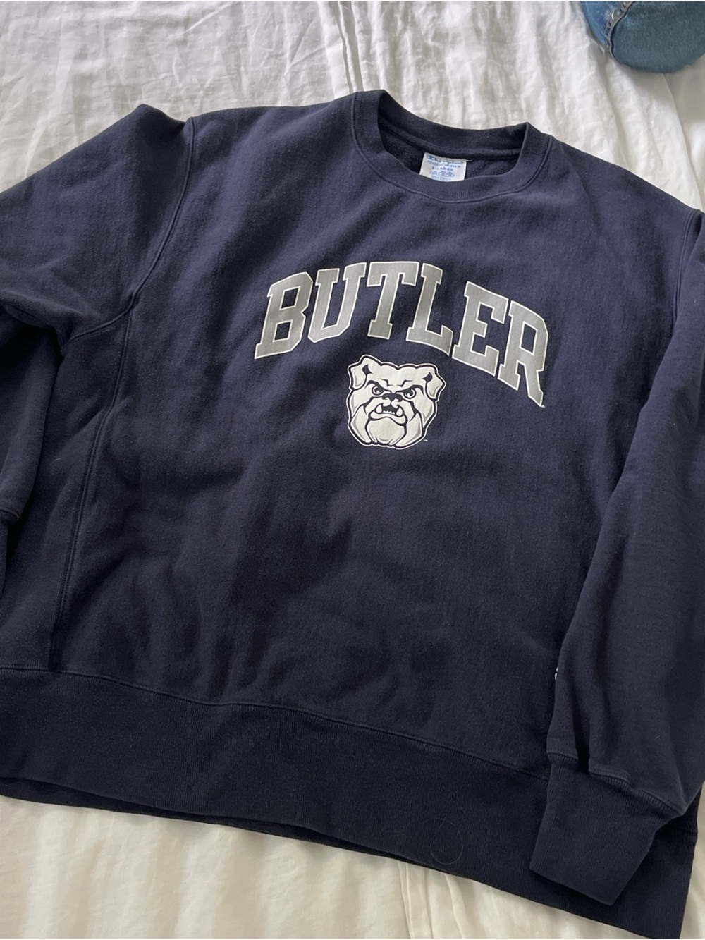 Champion Navy Butler Crewneck Sweatshirt with Bulldog Graphic